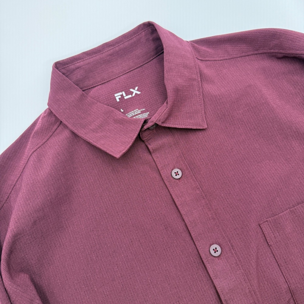 FLX Mens Long Sleeve Button Down Shirt Burgundy Textured Stretch Large